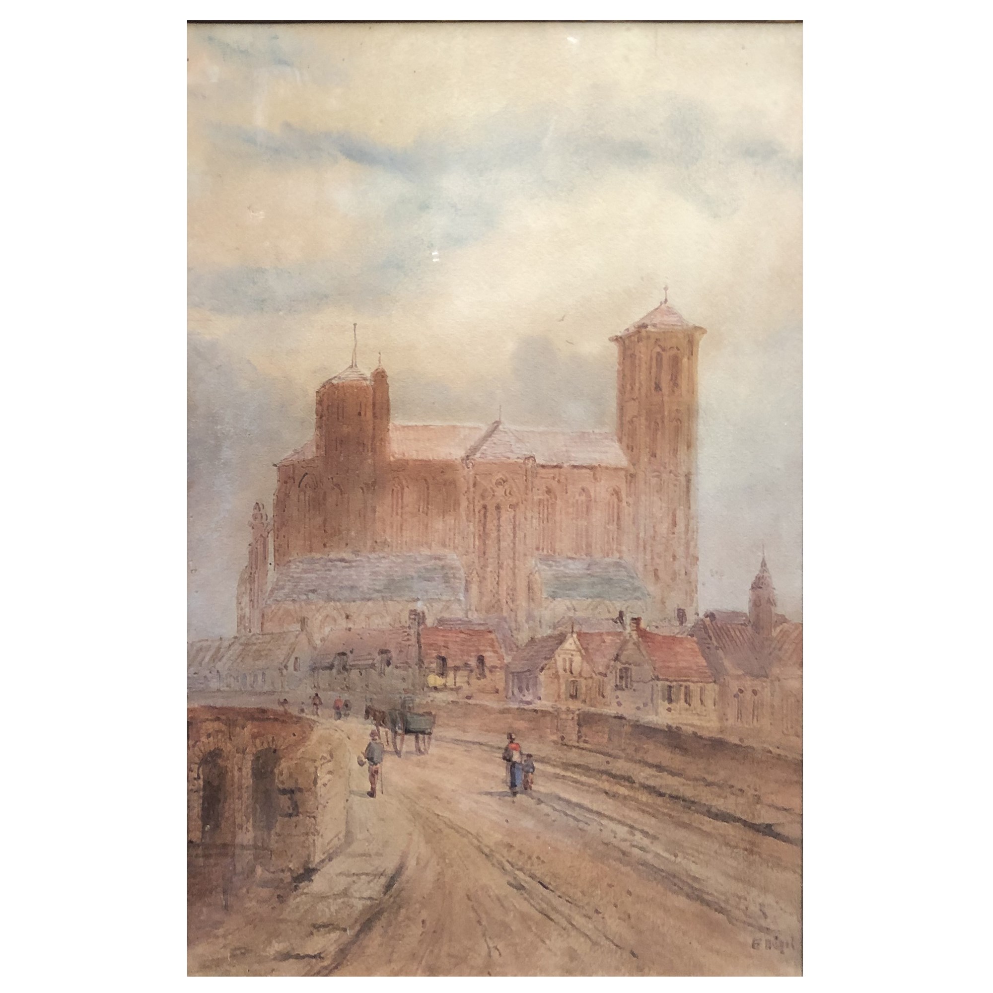 E Nevil, Gothic cathedral, watercolour