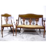 Edwardian inlaid mahogany salon settee and matching sidechair