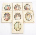A set of seven framed oval miniatures portraits after Old Masters