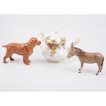 Beswick model of a Spaniel, Horseshoe Primula; Beswick Donkey; Royal Albert 'Old Country Roses' tea