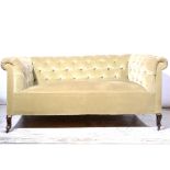 Small Edwardian Chesterfield settee, button dralon upholstery, stained wood cabriole legs, length