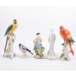 Two Chelsea style porcelain parrots, together with other bird figures etc (9)