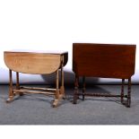 Two small mahogany Sutherland tables, and a walnut long stool