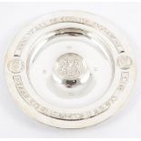 A silver commemorative alms dish, 1000 years of the English Monarchy, by A E Jones