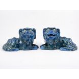 A pair of Guangdong blue and green glazed lions, late Qing