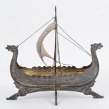 White metal Norwegian model of a longship, by Brodrene Lohne