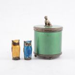 A silver and enamelled caddy by David Andersen, Norway, and two owl cruets