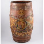 Coopered barrel painted with the Royal coat of arms, 62cm high.
