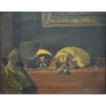 Unsigned oil on canvas, spaniels on a table in an interior with top hat, 19cm x 24cm.