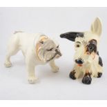 Six Crown Devon dog figures, a glass eyed gloss "Sealyham Terrier" doorstop filled with sand, 18cm,