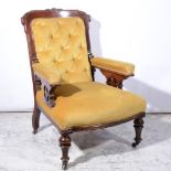 Victorian walnut armchair, carved and and shaped frame, upholstered back arms and bow front seat,