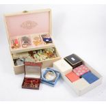 Box of modern and vintage costume jewellery, bead necklaces, brooches, bangles and rings, two RAF