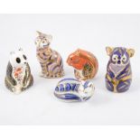 Six royal Crown Derby paperweights with gold stoppers, cats, squirrel, panda, owl, (6)