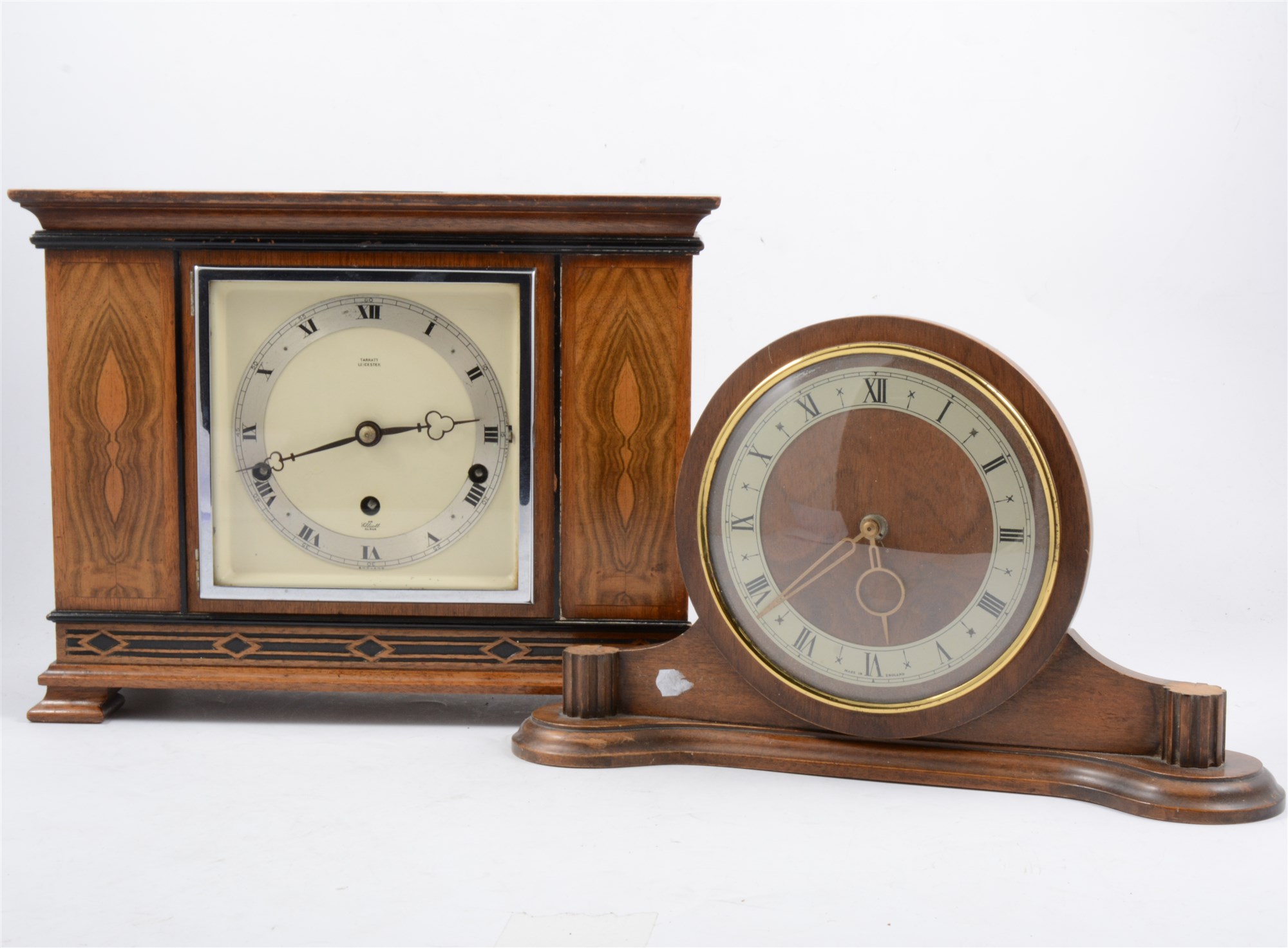 Walnut cased presentation mantel clock by Tarratt, Leicester, and three other mantel clocks. (4)