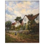 Sidney Watts, Figures by thatched cottages, oil on canvas