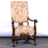 An oak framed hall chair, square back, acanthus carved and scrolled arms