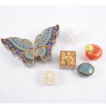 A four-section cloisonné butterfly box, mahogany tea caddy, and papier mache boxes, etc.