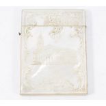 Mother of pearl card case engraved with the Royal Exchange Building, red velvet lined, 10cm x 7.5cm.