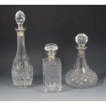 Three silver-mounted contemporary glass decanters