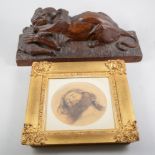 Softwood carving, Jaguar and a Crocodile, rectangular plinth, 43cm; F. Smallfield, Head of Christ,