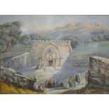 E Holder watercolour, figures visiting shrine.