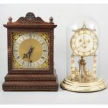 An oak cased mantel clock, German movement; a late 20th century anniversary clock, a tray and an