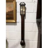 George III mahogany stick barometer, swan-neck, plain column, turned cistern cover, silvered dial