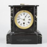 French black marble mantel clock, white enamelled dial with Roman numerals, cylinder movement, 23cm.