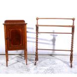 Victorian mahogany bowfront towel rail, barley twist supports, height 86cm, and a mahogany pot