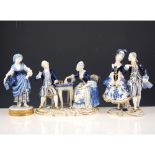 Dresden style porcelain figures, including coaches and horses, pair playing chess, courting couples,