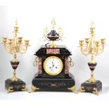 French slate and marble mantle clock, with pair of five-light garniture