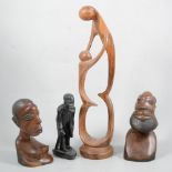 Collection of wooden items to include carved tribal figures, bowl, stick, etc,