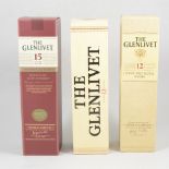 Glenlivet, 15 year old, French Oak Reserve; and two bottles of 12 year old single malt whisky.