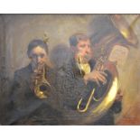 Gwenzal Wood, Two Musicians, signed, oil on canvas (torn).