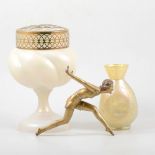 Loetz type glass vase, an opalescent vase and a patinated spelter Art Deco figure, (3),.