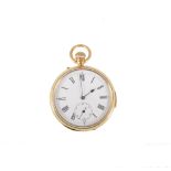 An 18 carat yellow gold quarter repeating open face pocket watch, the white enamel dial having a