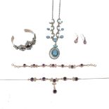 A collection of modern costume jewellery, a suite of silver coloured jewellery set with amethyst -