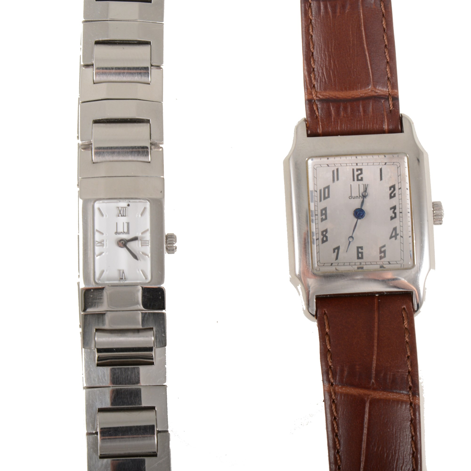 Dunhill - two lady's watches, a Dunhill mechanical wind steel watch with square silvered Arabic
