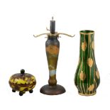 A cameo glass lamp base, cameo glass dish and cover, and another decorative glass vase.