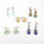 Thirty-nine pairs of vintage clip on costume jewellery earrings, coloured paste including water