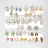 Forty pairs of vintage clip on costume jewellery earrings, coloured and clear paste stones, to