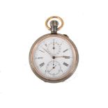 An Ascot gun metal open face chronograph pocket watch, the 43mm white dial having a Roman numeral