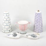 A quantity of Rye pottery, including a conical shaped lamp base, vertical purple stripes with black