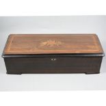 A Swiss musical box playing twelve airs, stained wood case with inlaid rosewood lid.
