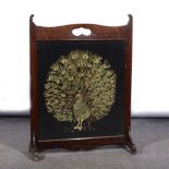 Edwardian stained wood firescreen, embroidered panel of a peacock