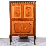 Reproduction kingwood marquetry and brass mounted cocktail cabinet.