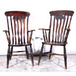 Pair of Victorian elm and beechwood lathe-back kitchen chairs,