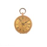 An open face fob watch, gold-coloured dial with floral centre and Roman numeral chapter ring, in a