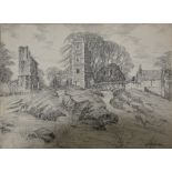 Albert H Findley "Ruins Bradgate Park", signed, pen and ink ,15.5cm x 21cm, unframed.