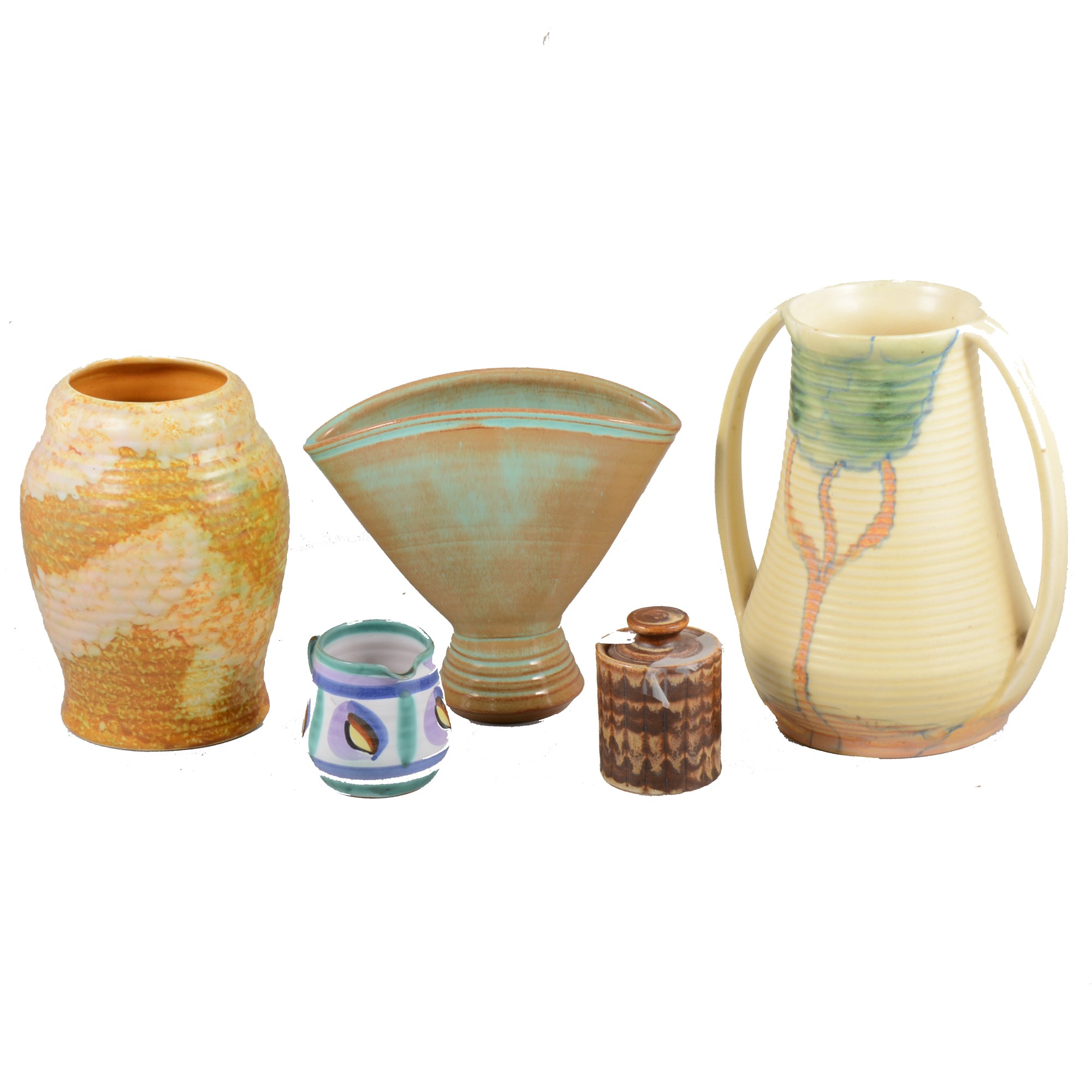 Five assorted items of British Art Pottery, including Prinknash, Iden and Price Bros.